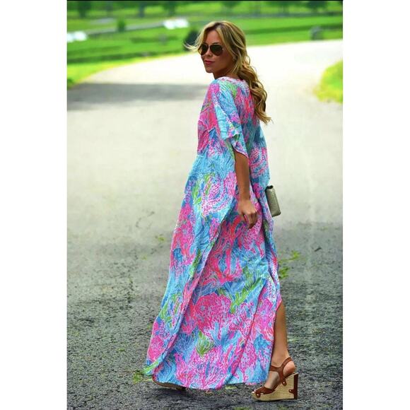 Lilly Pulitzer Coleman Caftan Let’s Cha Cha Size Small Pink Beaded Maxi RARE - Picture 5 of 13
